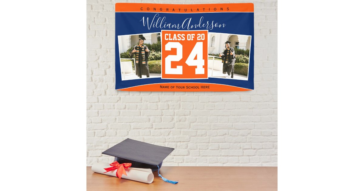 Class of 2024 Blue Orange Graduation Photo Banner | Zazzle