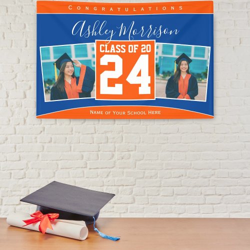 Class of 2024 Blue Orange Graduation Photo Collage Banner