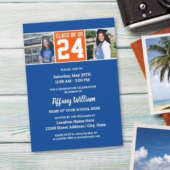 Class Of 2024 Blue Orange Graduation Photo Collage Invitation by littleteapotdesigns at Zazzle