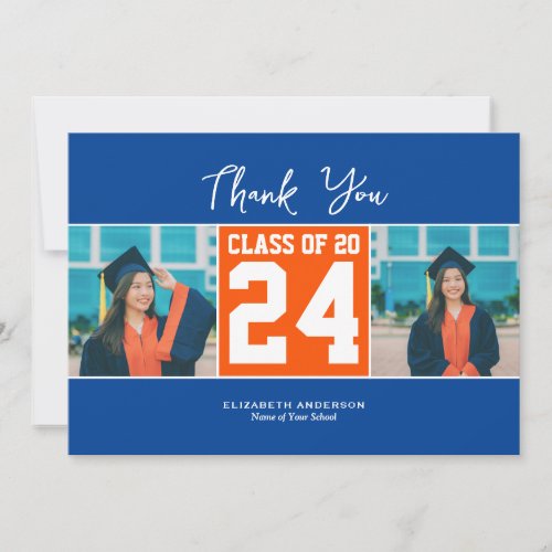 Class of 2024 Blue Orange Graduation Photo Collage Thank You Card
