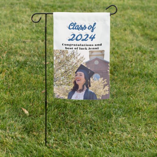 Class of 2024 blue script graduation photo garden flag