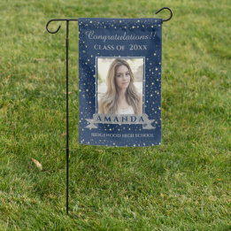 Class of 2024 Blue Silver Graduation Announcement Garden Flag