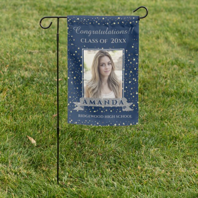Class of 2024 Blue Silver Graduation Announcement Garden Flag (In SItu)