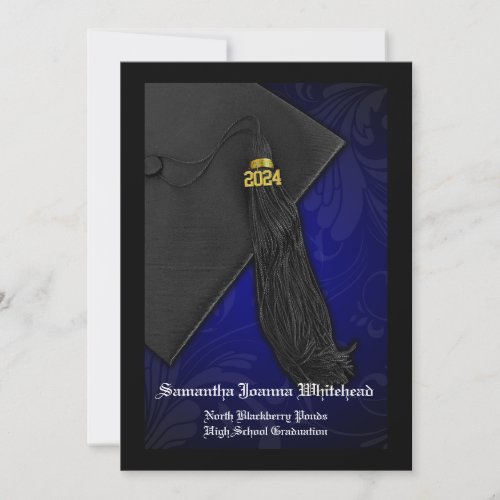 Class of 2024 Blue Tassel Charm Black Graduation Invitation