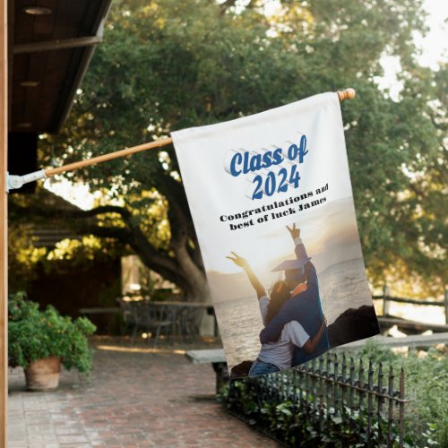 Class of 2024 blue text graduation photo house flag