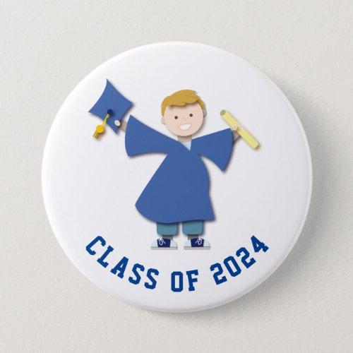 Class of 2024 Boy Grad Blue Cap  Gown Cartoon  Button