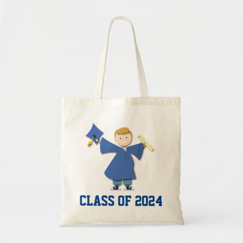 Class of 2024 Boy Grad Cartoon Blue Cap  Gown  Tote Bag