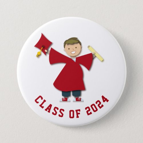 Class of 2024 Boy Grad Maroon Cap  Gown Cartoon  Button