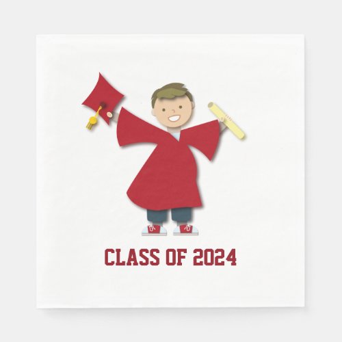 Class of 2024 Boy Grad Maroon Cap  Gown Cartoon  Napkins