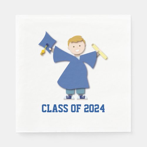 Class of 2024 Boy Graduate Blue Cap  Gown  Napkins