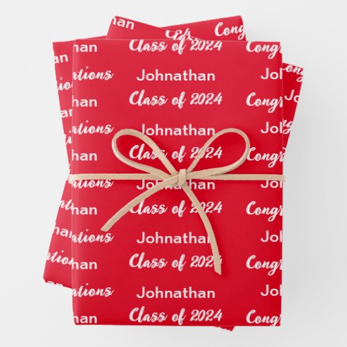 Class of 2024 Bright Red Congratulations Grad Name Wrapping Paper Sheets