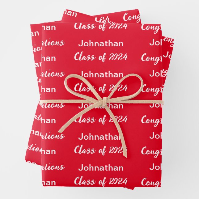 Class of 2024 Bright Red Congratulations Grad Name Wrapping Paper Sheets (In situ)