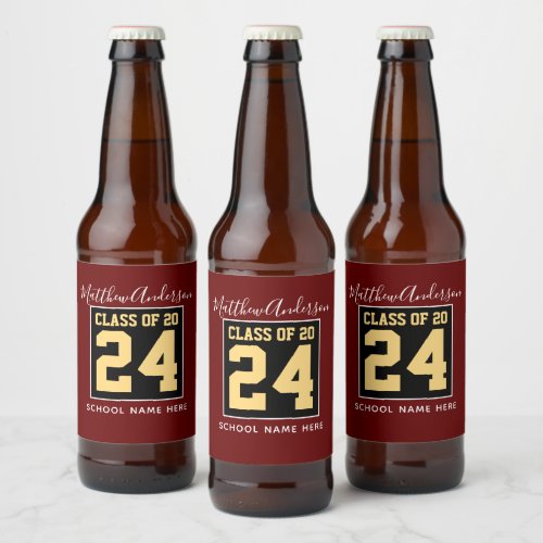 Class of 2024 Burgundy Black and Gold Graduation Beer Bottle Label