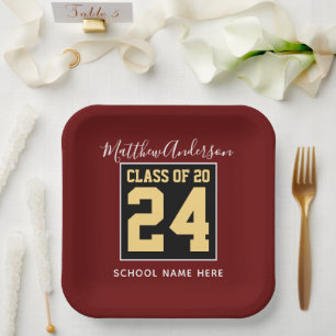 Class of 2024 Burgundy Black and Gold Graduation Paper Plates