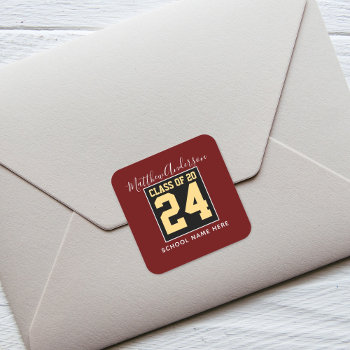 Class Of 2024 Burgundy Black And Gold Graduation Square Sticker by littleteapotdesigns at Zazzle
