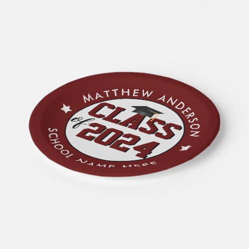 Class of 2024 Burgundy Red Graduation Party Paper Plates