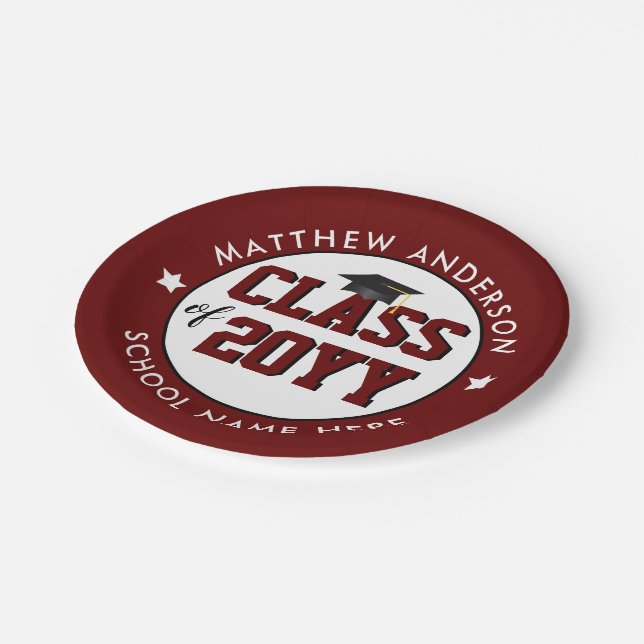 Class of 2024 Burgundy Red Graduation Party Paper Plates (Angled)