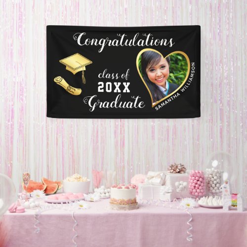 Class of 2024 Custom Photo Black Gold Graduation Banner
