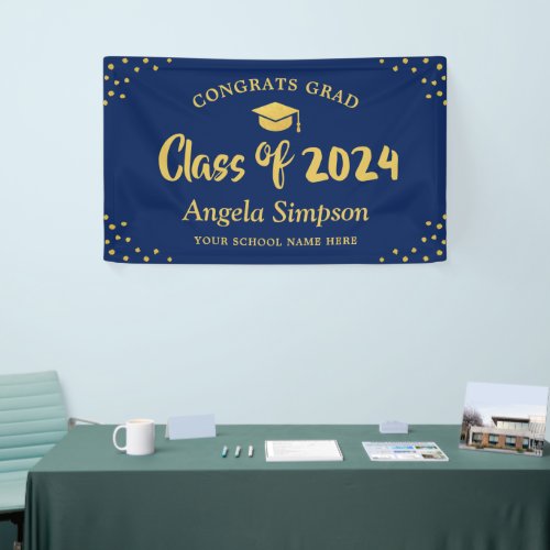 Class of 2024 Dark Blue Gold Graduation Party Banner