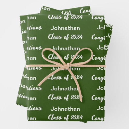 Class of 2024 Dark Green Congratulations Grad Name Wrapping Paper Sheets