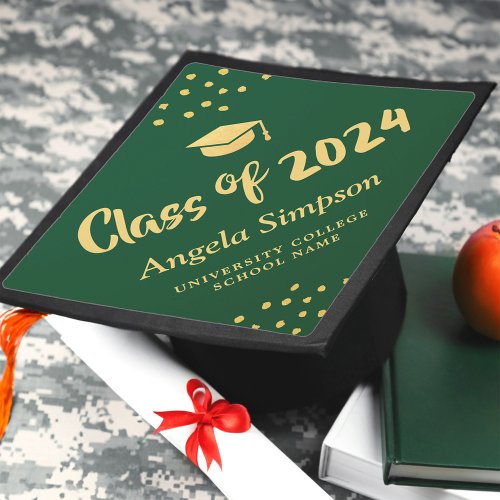 Class of 2024 Dark Green Gold Brush Script Graduat Graduation Cap Topper