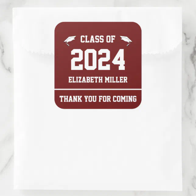 Class of 2024 Dark Red and White Graduation Favor Square Sticker | Zazzle