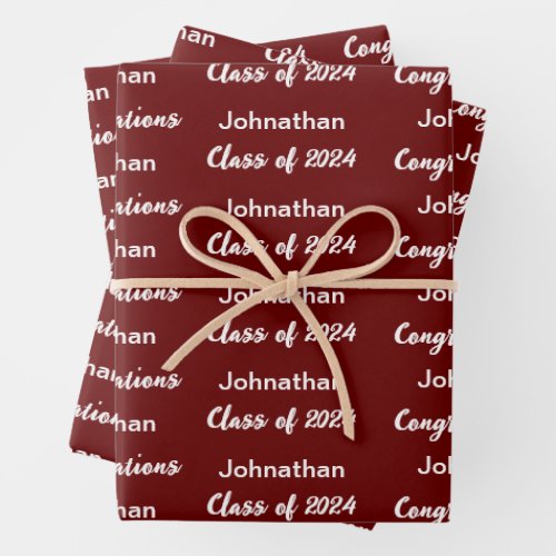 Class of 2024 Dark Red Congratulations Grad Name Wrapping Paper Sheets