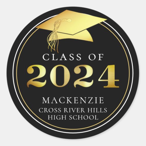 Class of 2024 Elegant Black Gold Personalized Classic Round Sticker