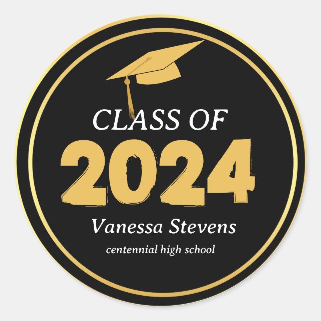 Class of 2024 Elegant Black Gold Personalized  Classic Round Sticker (Front)