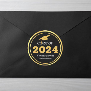 Class of 2024 Elegant Black Gold Personalized Classic Round Sticker