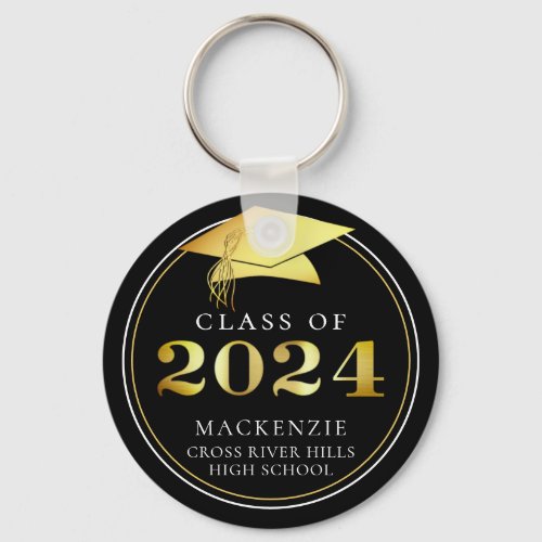 Class of 2024 Elegant Black Gold Personalized Keychain