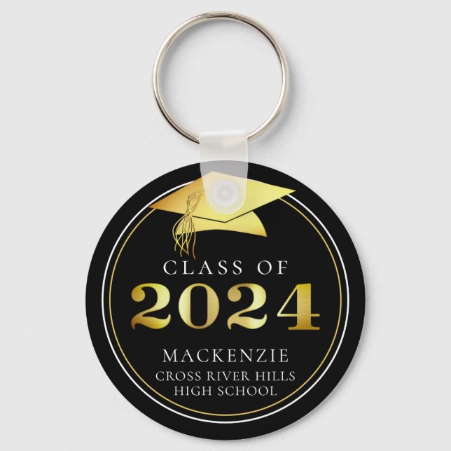 Class of 2024 Elegant Black Gold Personalized Keychain (Front)