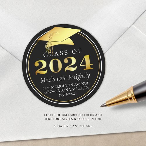 Class of 2024 Elegant Black Gold Return Address Classic Round Sticker