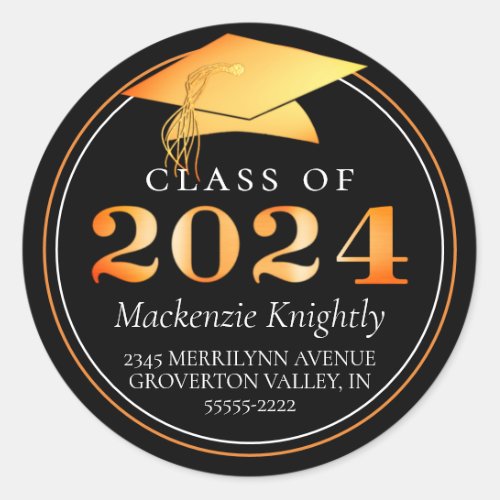 Class of 2024 Elegant Black Orange Return Address Classic Round Sticker