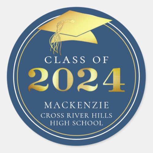 Class of 2024 Elegant Blue Gold Personalized Classic Round Sticker
