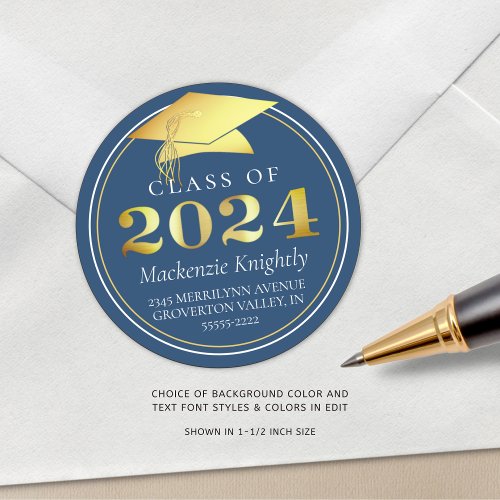 Class of 2024 Elegant Blue Gold Return Address Classic Round Sticker