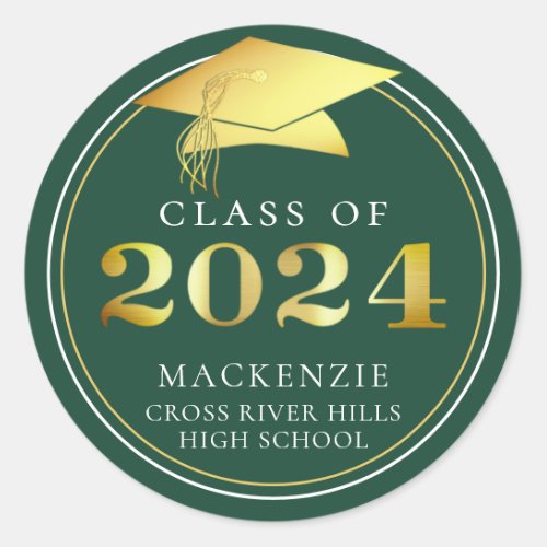 Class of 2024 Elegant Dark Green Gold Personalized Classic Round Sticker