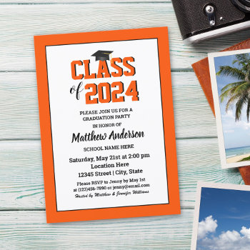 Class Of 2024 Elegant Deep Orange Graduation Invitation by littleteapotdesigns at Zazzle