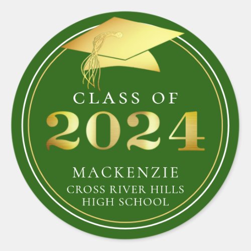 Class of 2024 Elegant Green Gold Personalized Classic Round Sticker