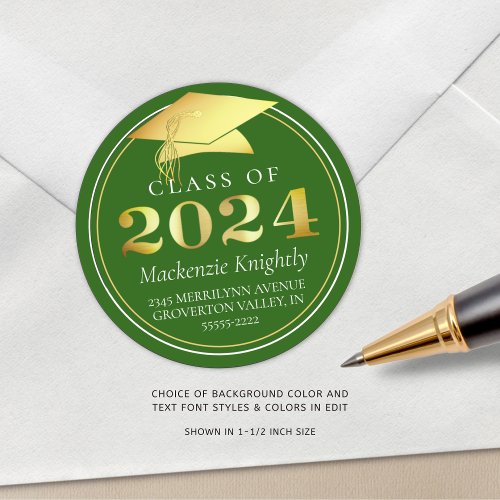 Class of 2024 Elegant Green Gold Return Address Classic Round Sticker