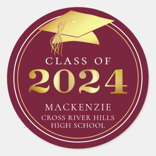Class of 2024 Elegant Maroon Gold Personalized Classic Round Sticker