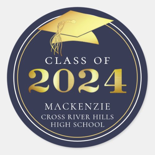 Class of 2024 Elegant Navy Blue Gold Personalized Classic Round Sticker
