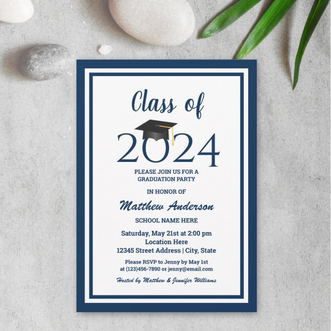 Class of 2024 Elegant Navy Blue Graduation Party Invitation