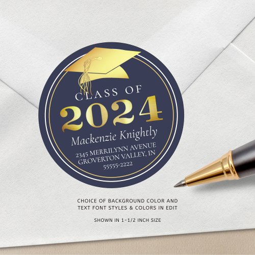 Class of 2024 Elegant Navy Gold Return Address Classic Round Sticker