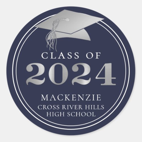 Class of 2024 Elegant Navy Silver Personalized Classic Round Sticker