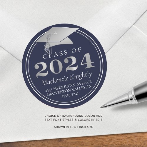 Class of 2024 Elegant Navy Silver Return Address Classic Round Sticker