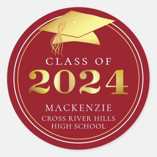 Class of 2024 Elegant Red Gold Personalized Classic Round Sticker