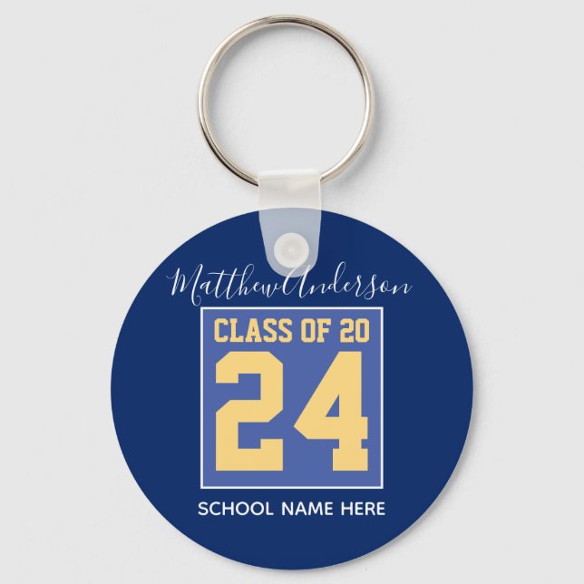 Class of 2024 Elegant Royal Blue & Gold Graduation Keychain (Front)