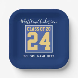 Class of 2024 Elegant Royal Blue & Gold Graduation Paper Plates