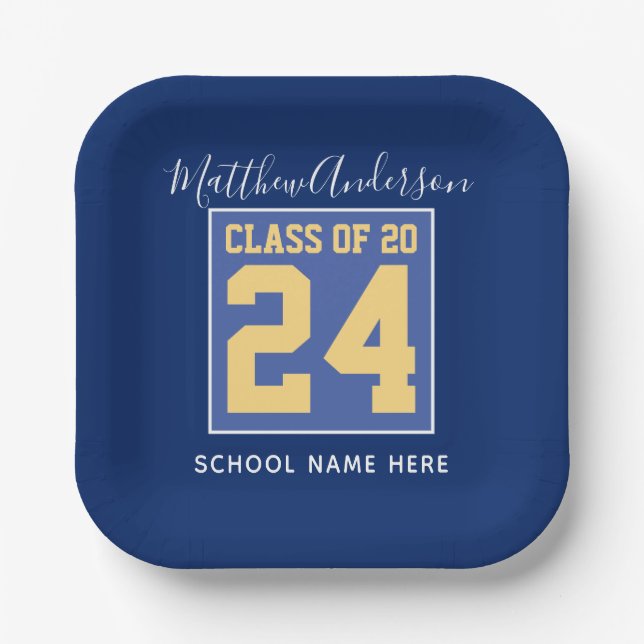 Class of 2024 Elegant Royal Blue & Gold Graduation Paper Plates (Front)